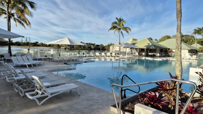 a large swimming pool surrounded by lounge chairs and palm trees