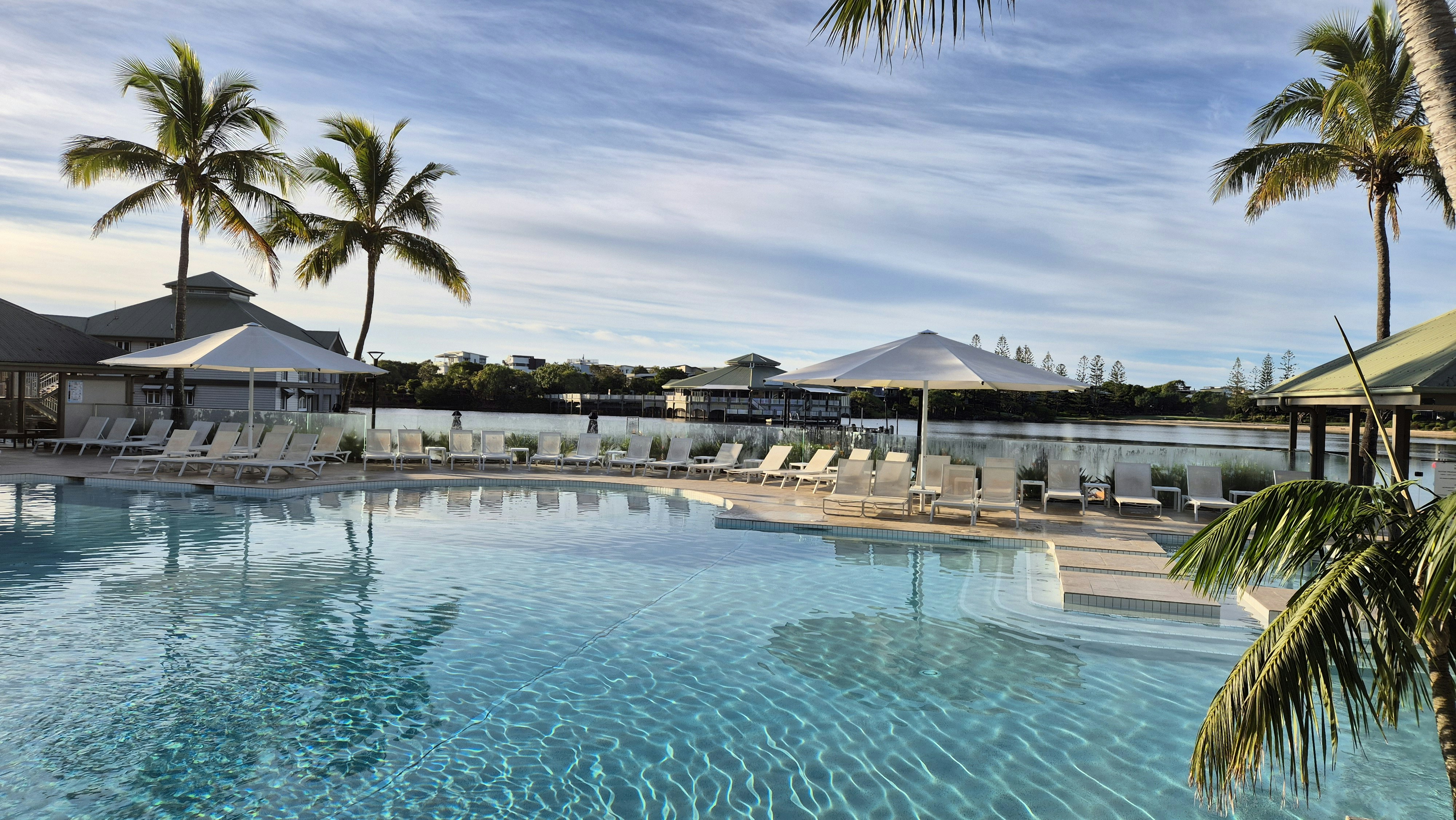 a large swimming pool surrounded by palm trees