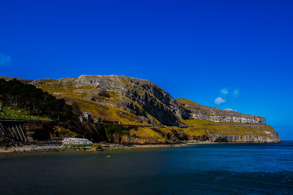 a large body of water with a mountain in the background