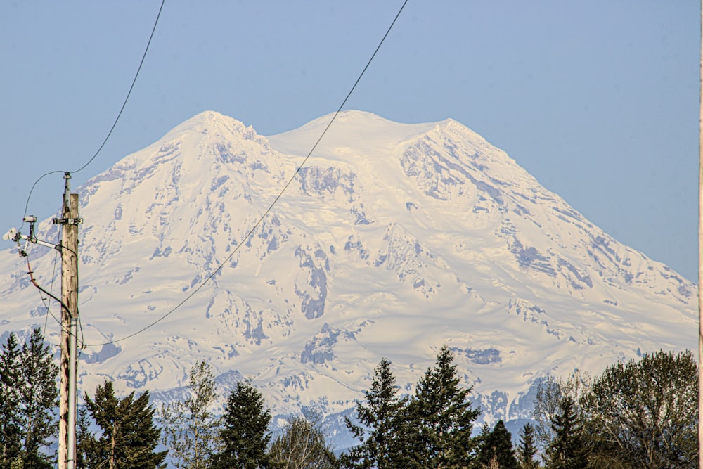 a snow covered mountain with power lines in the foreground