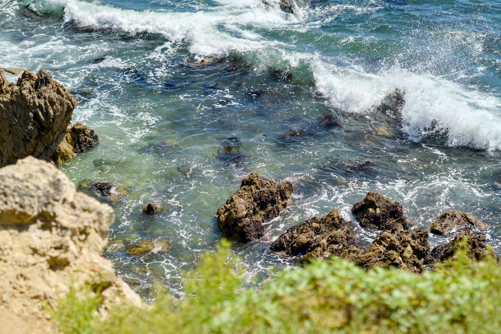 a view of a body of water with rocks in the foreground