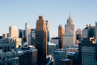 a view of a city with tall buildings