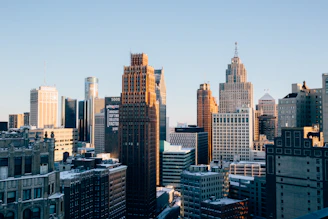 a view of a city with tall buildings