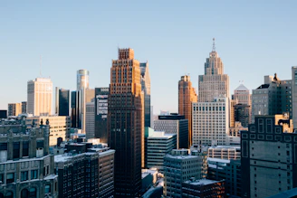 a view of a city with tall buildings