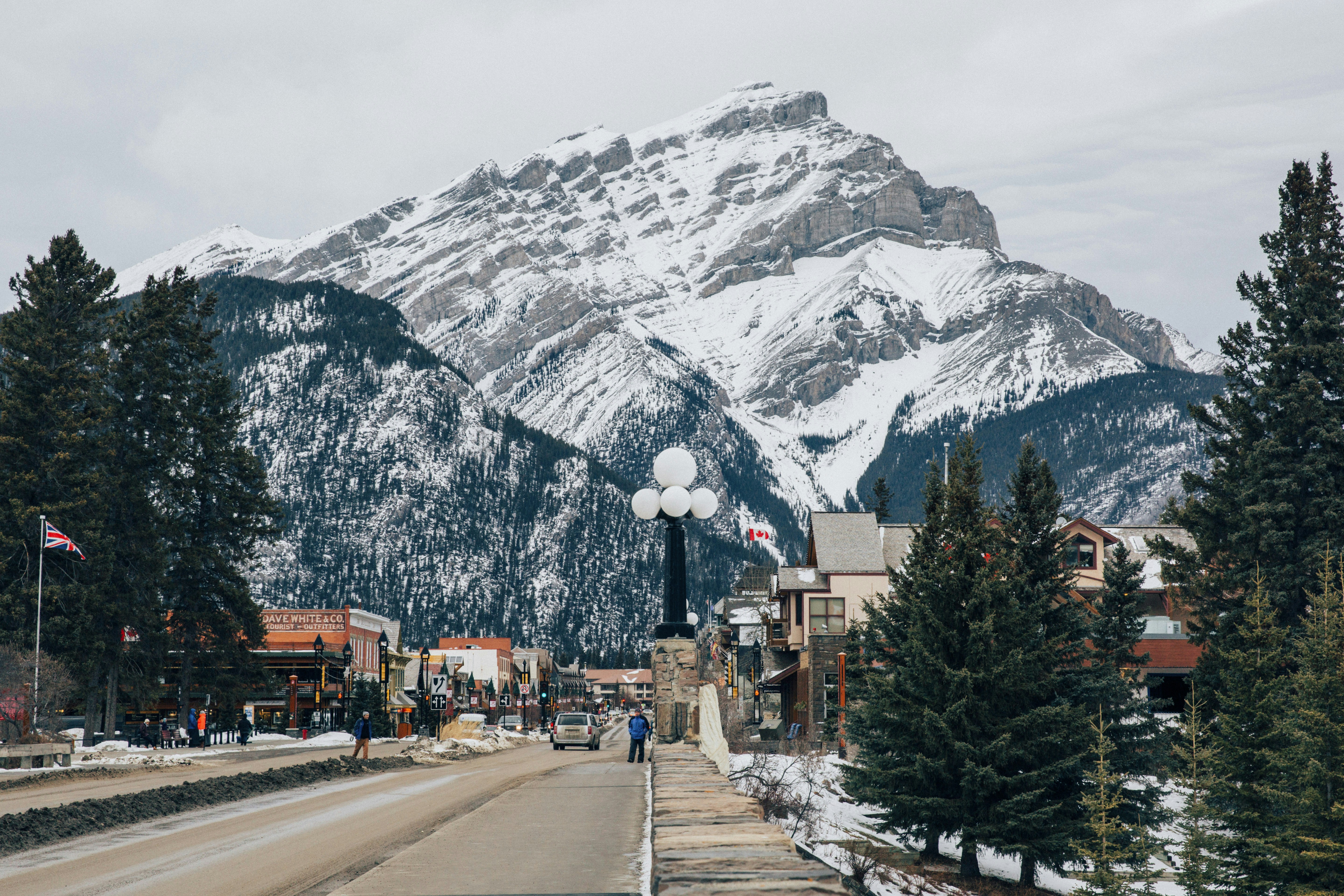 a town with a mountain in the background