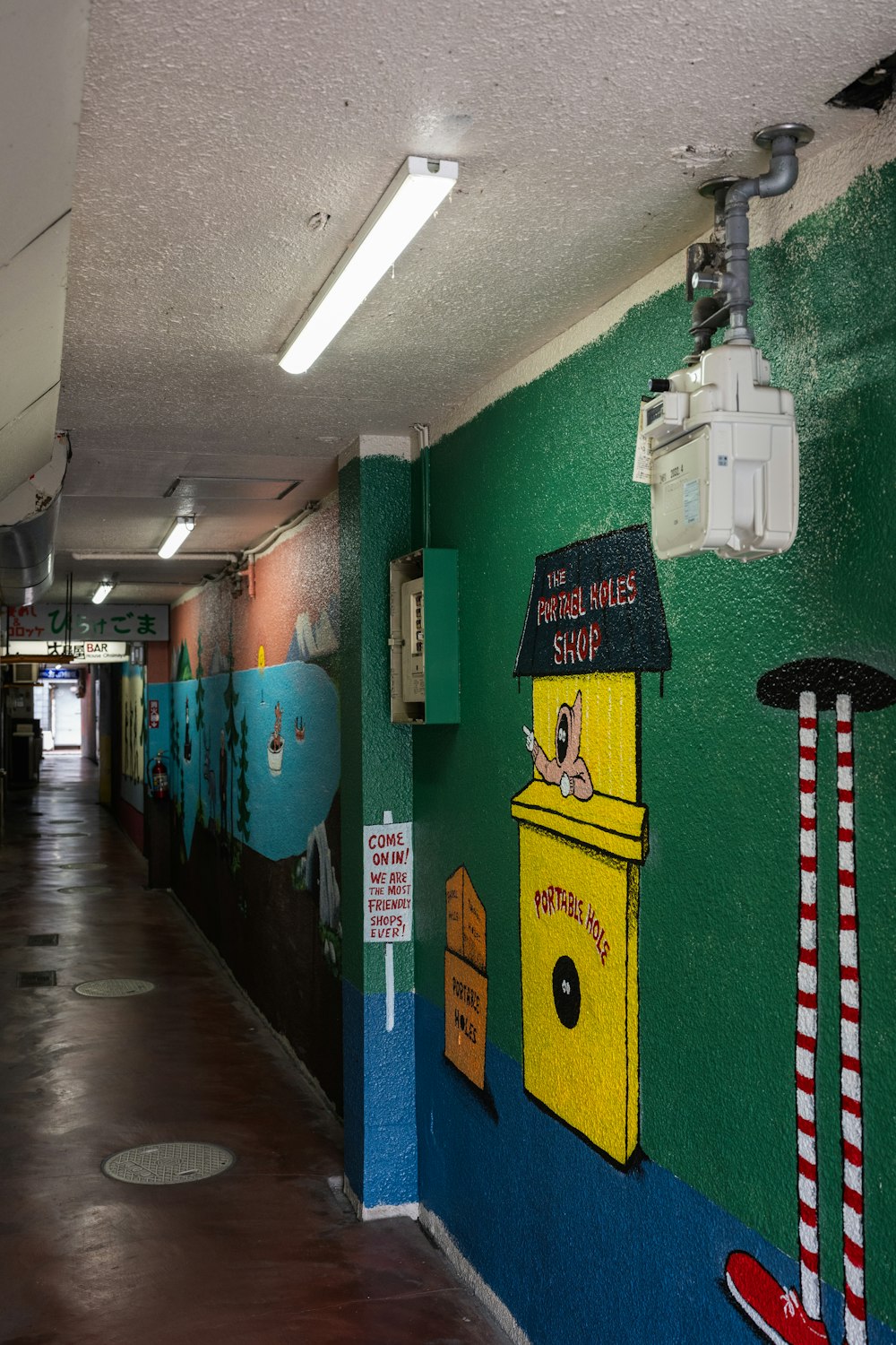 a hallway with a painted wall and a fire hydrant
