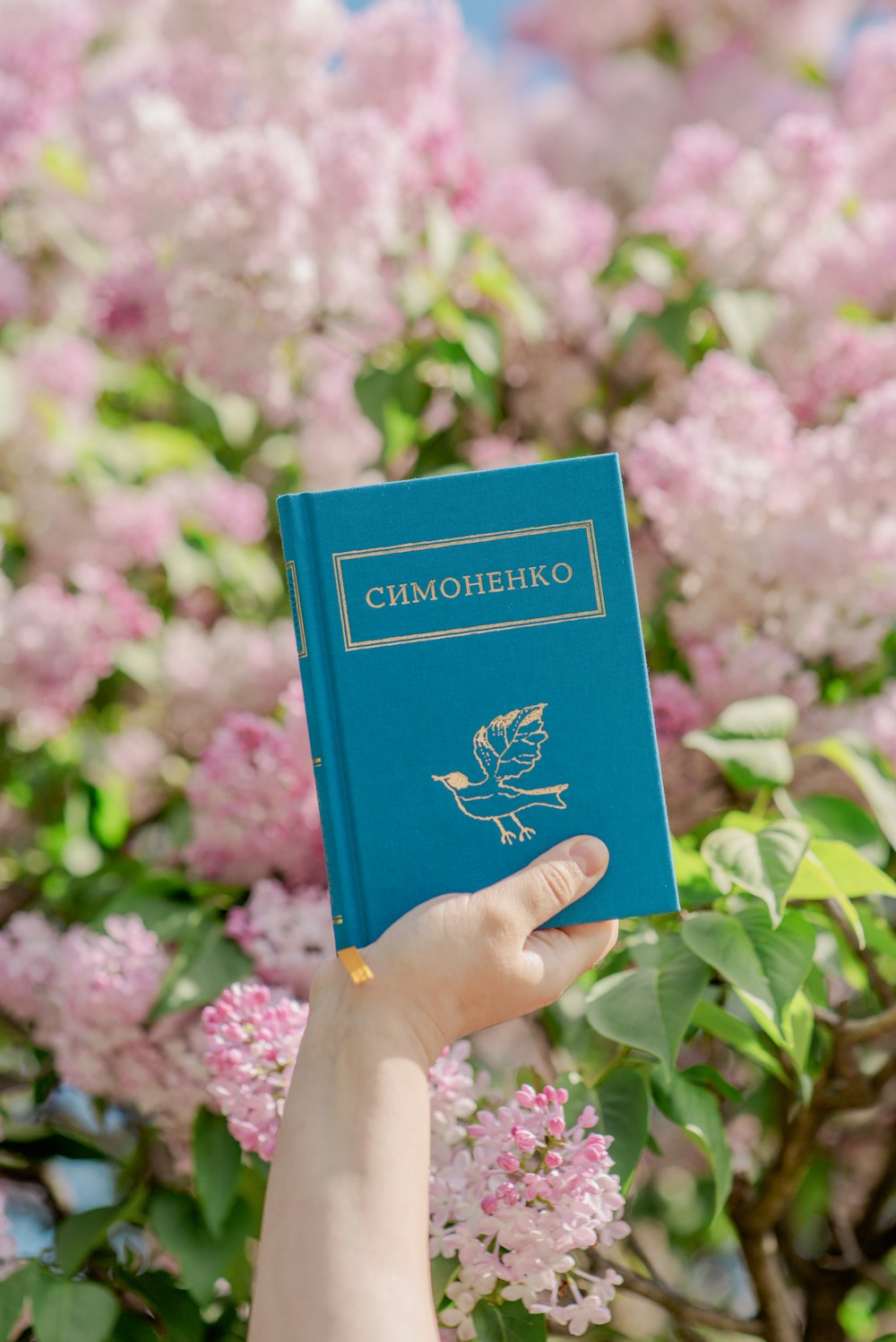 a person holding up a blue book in front of pink flowers