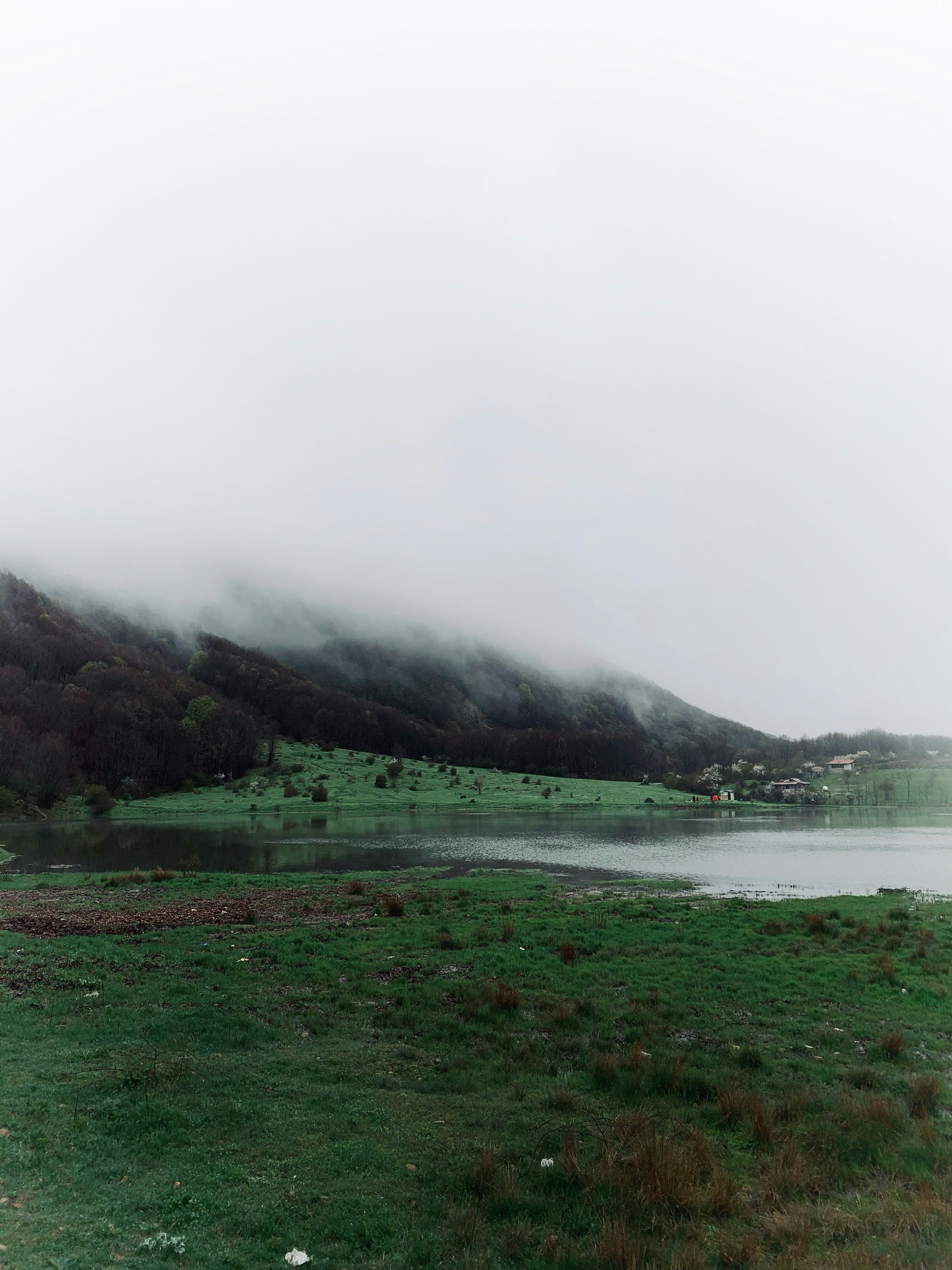 a field with a body of water in the middle of it