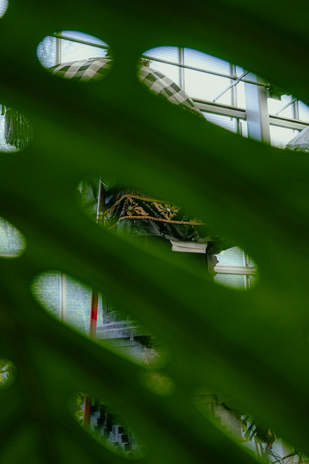 a view of a building through the leaves of a plant