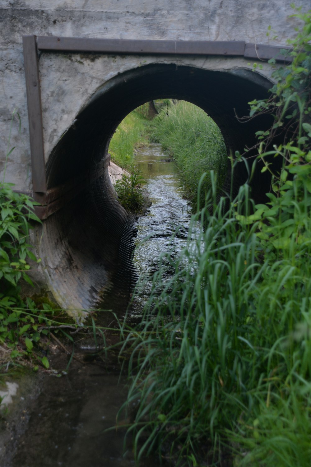 a small stream running under a stone bridge