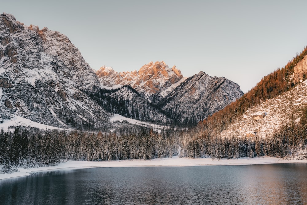 a lake surrounded by mountains covered in snow