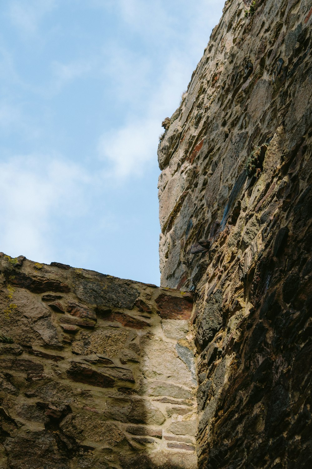 a bird is perched on the ledge of a stone building