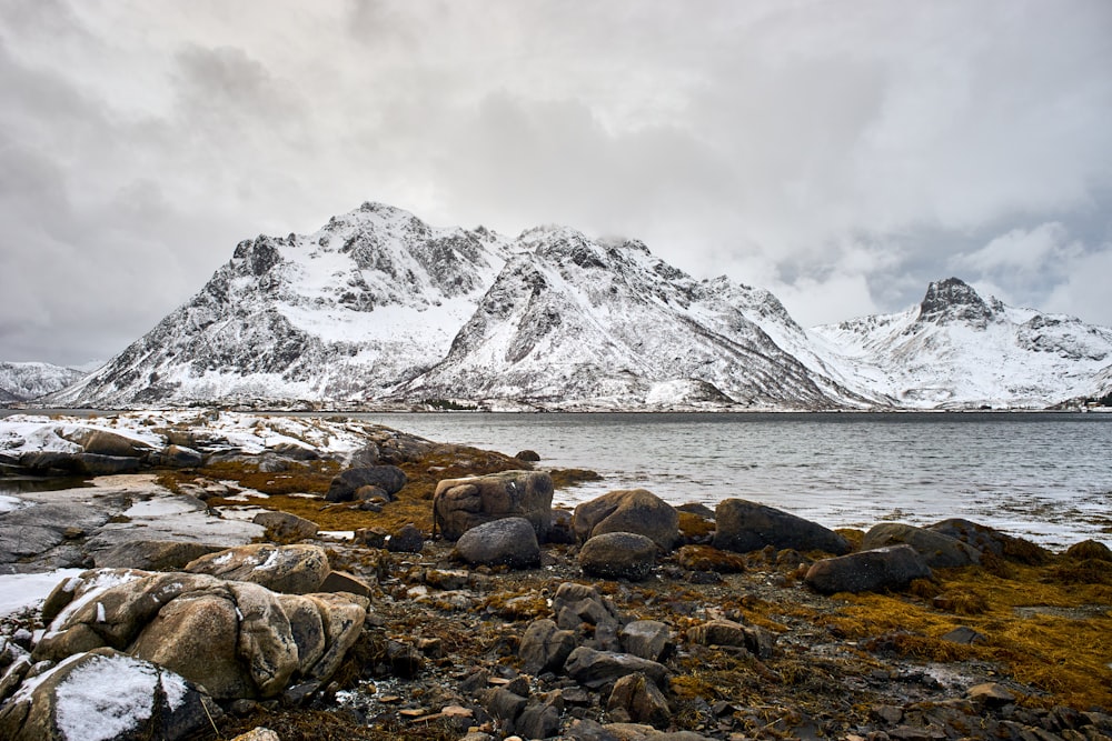 a rocky shore with snow covered mountains in the background