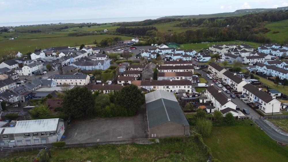 a bird's eye view of a town with lots of houses