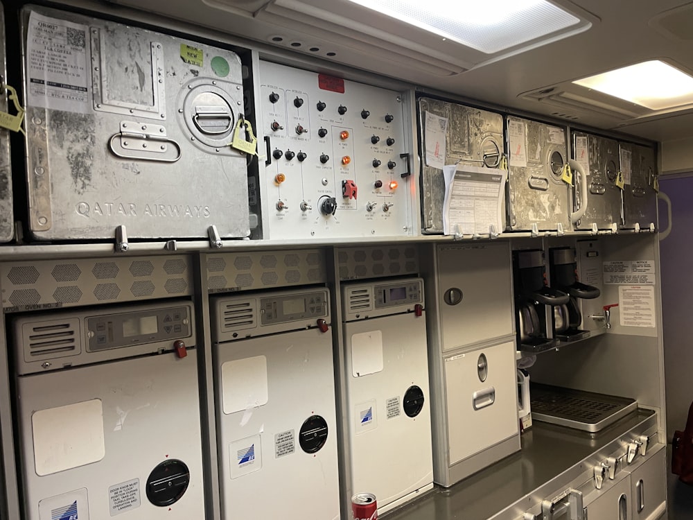 a bunch of appliances that are on a shelf