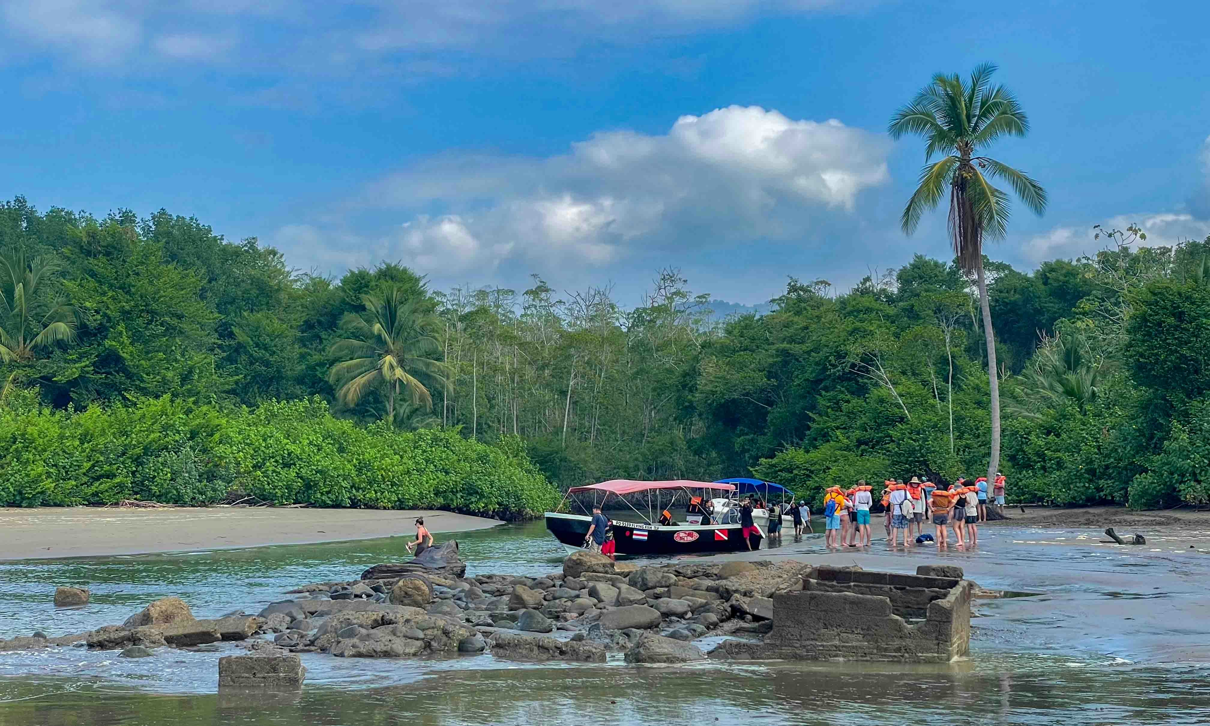 Tourists disembarking from boat onto tropical beach