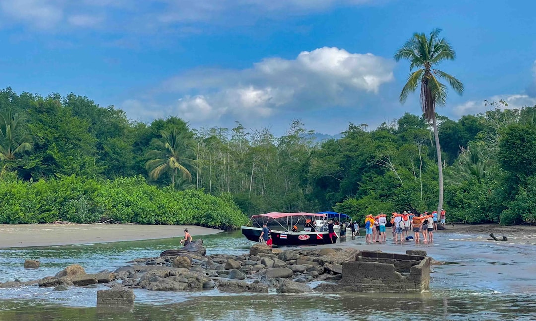 Tourists are disembarking from a boat onto a tropical beach, surrounded by lush greenery and palm trees, indicating a coastal excursion or nature trip.