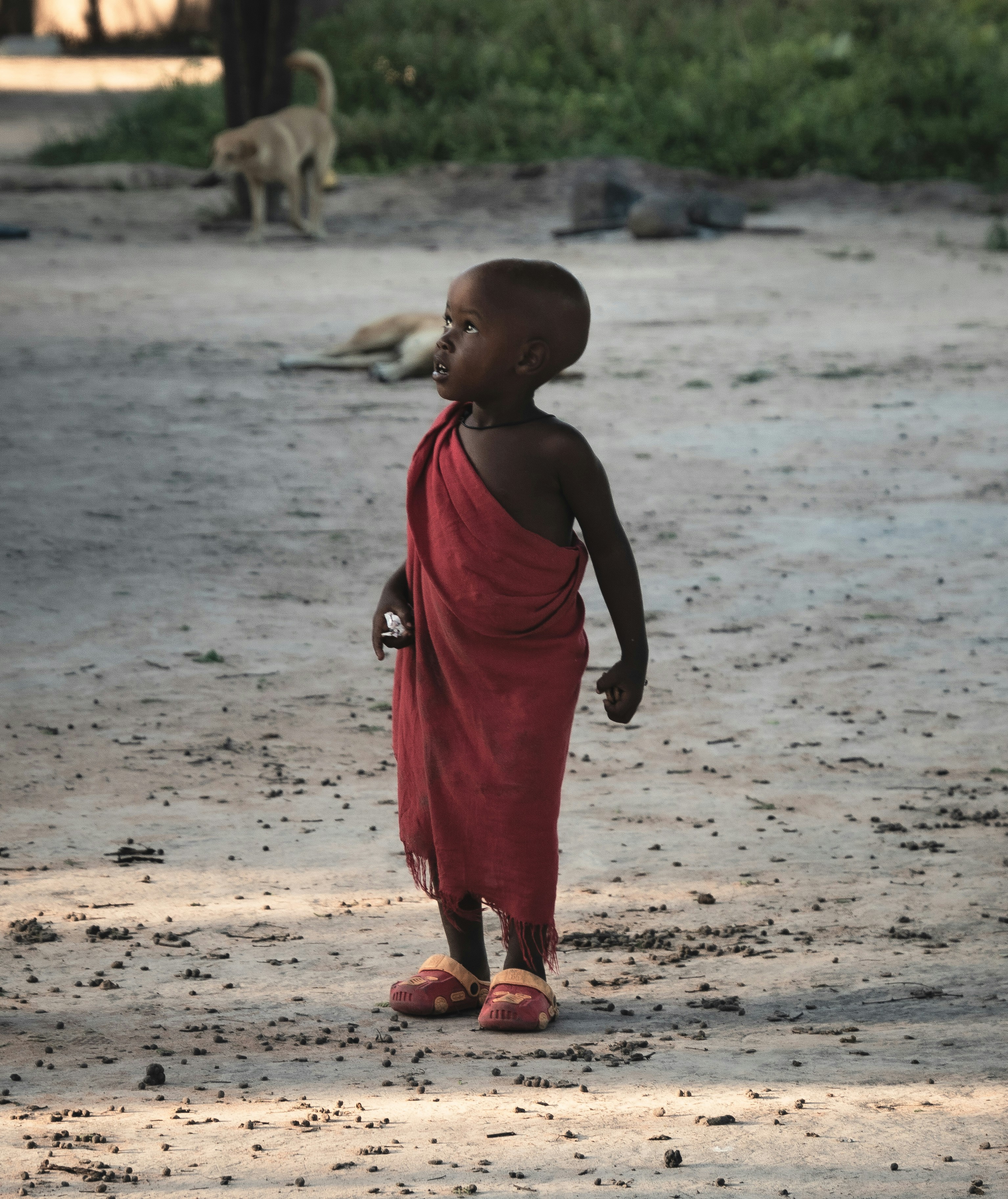 a young boy in a red robe standing in the dirt