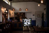 A restaurant with hanging lights