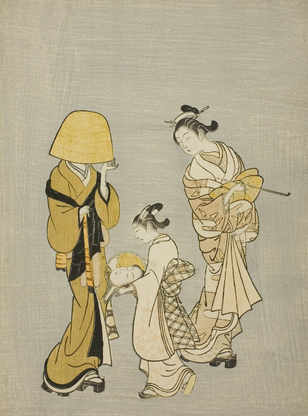 Una pintura de tres mujeres vestidas con ropa tradicional japonesa