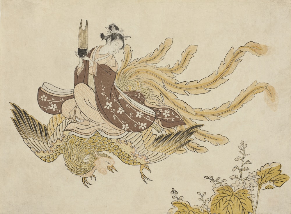 a painting of a woman riding a bird