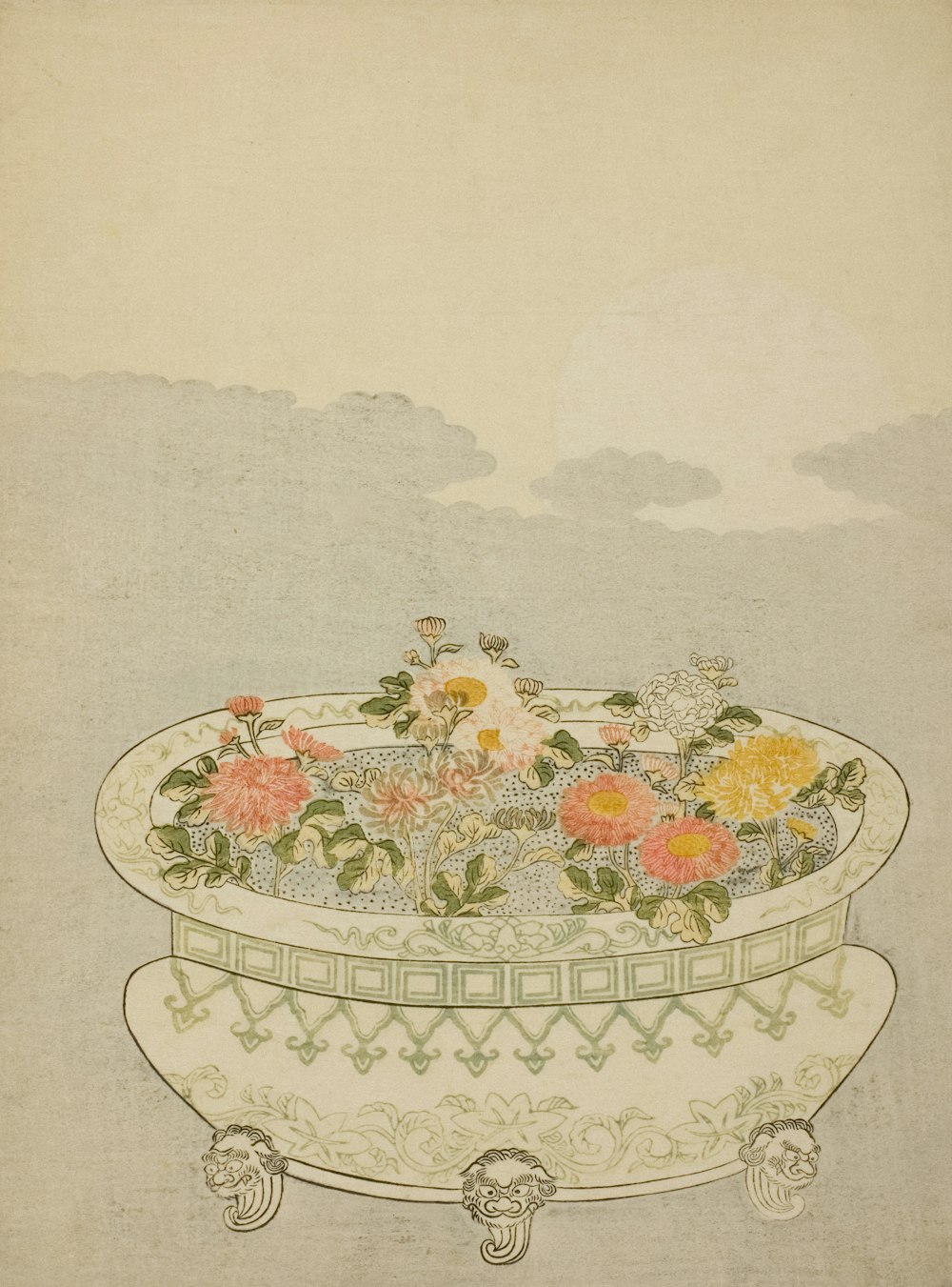 a drawing of a bowl of flowers on a table