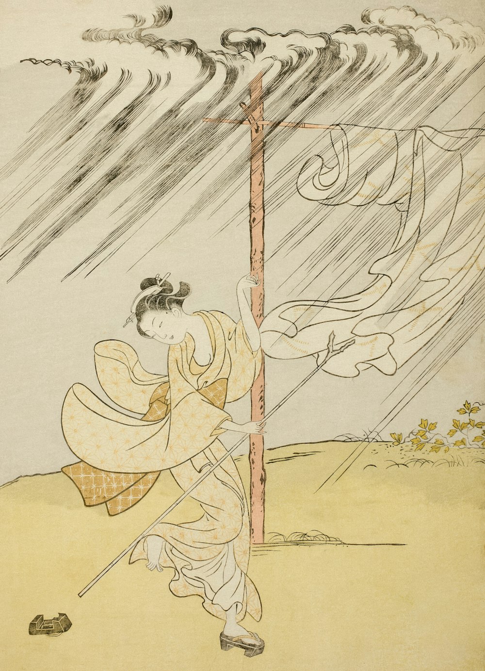 a drawing of a woman holding an umbrella