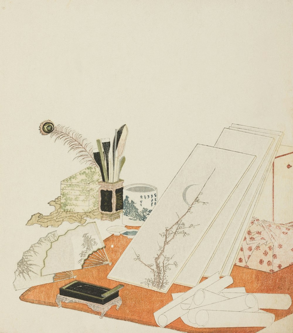 a drawing of a table with a vase and other items on it