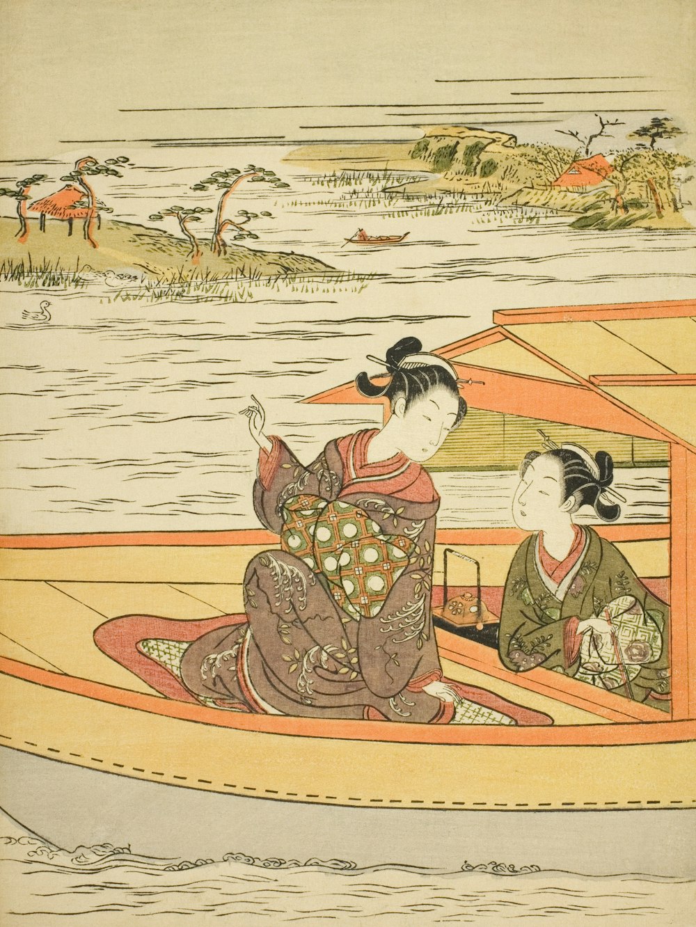 a painting of two women in a boat