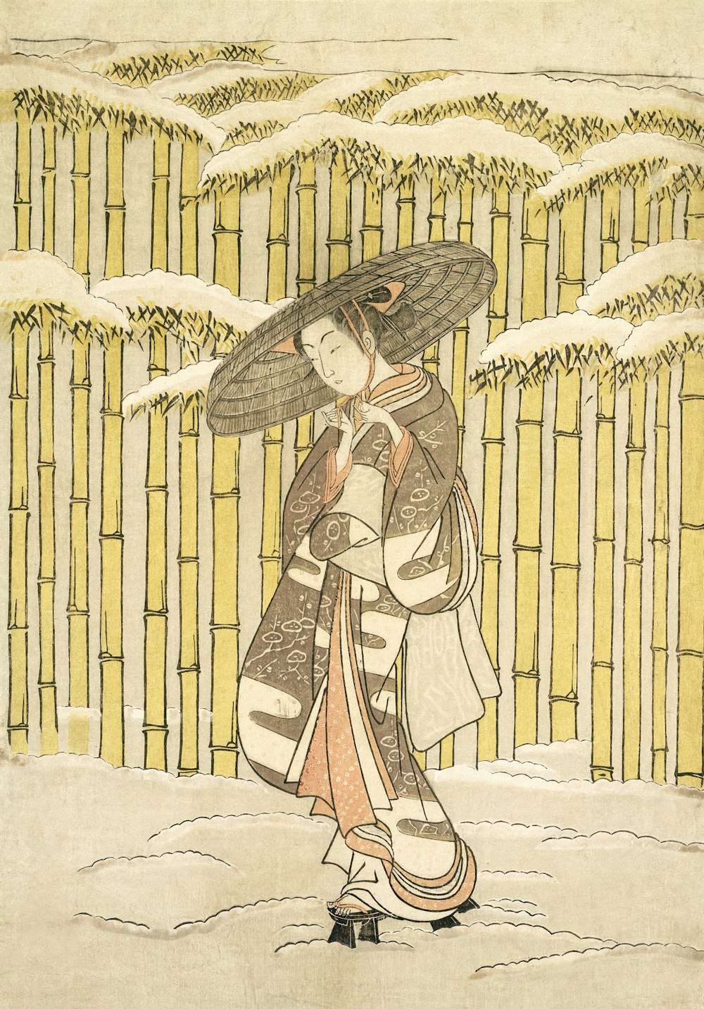 uma pintura de uma mulher em um quimono