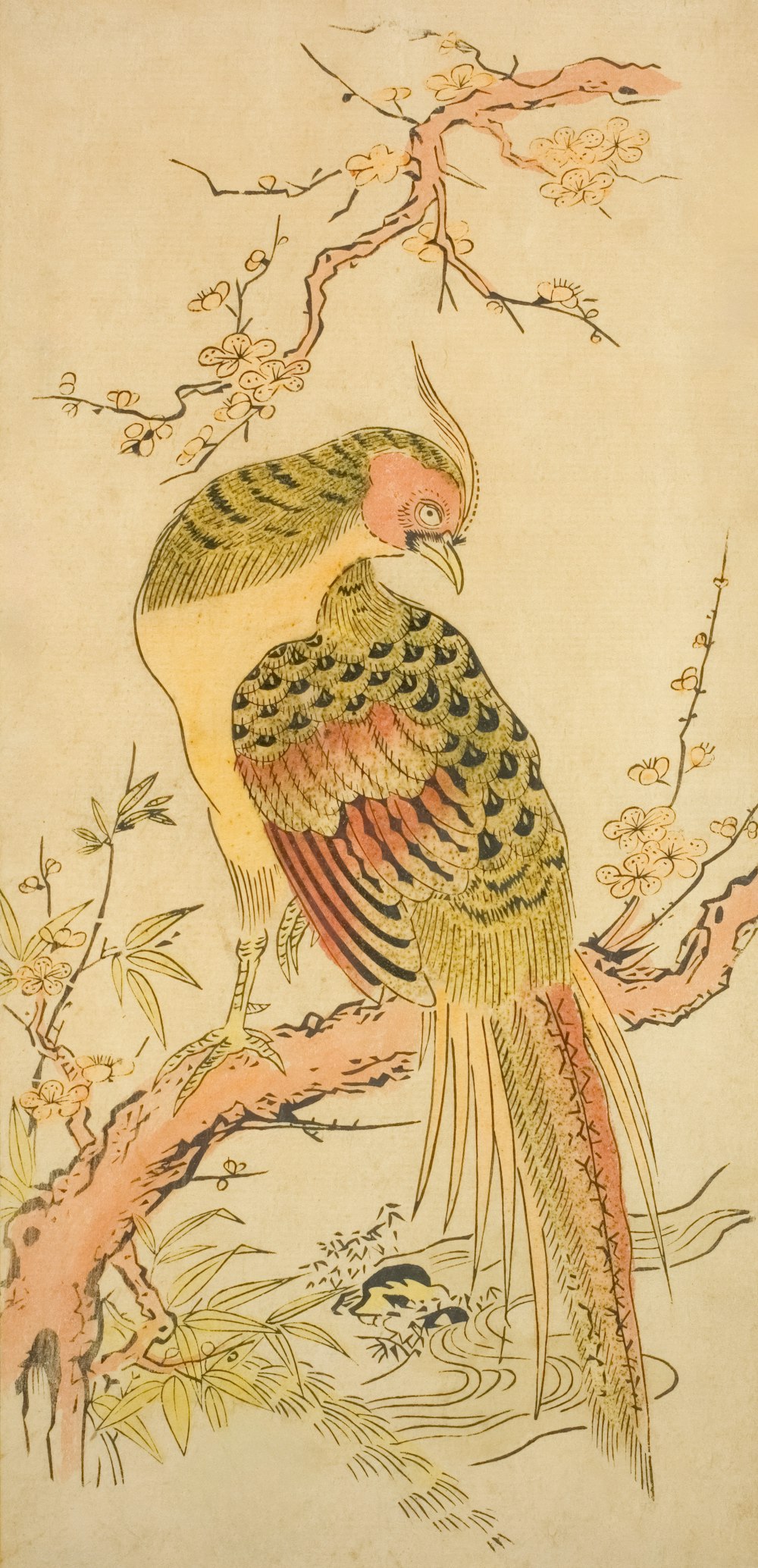 a painting of a bird sitting on a tree branch