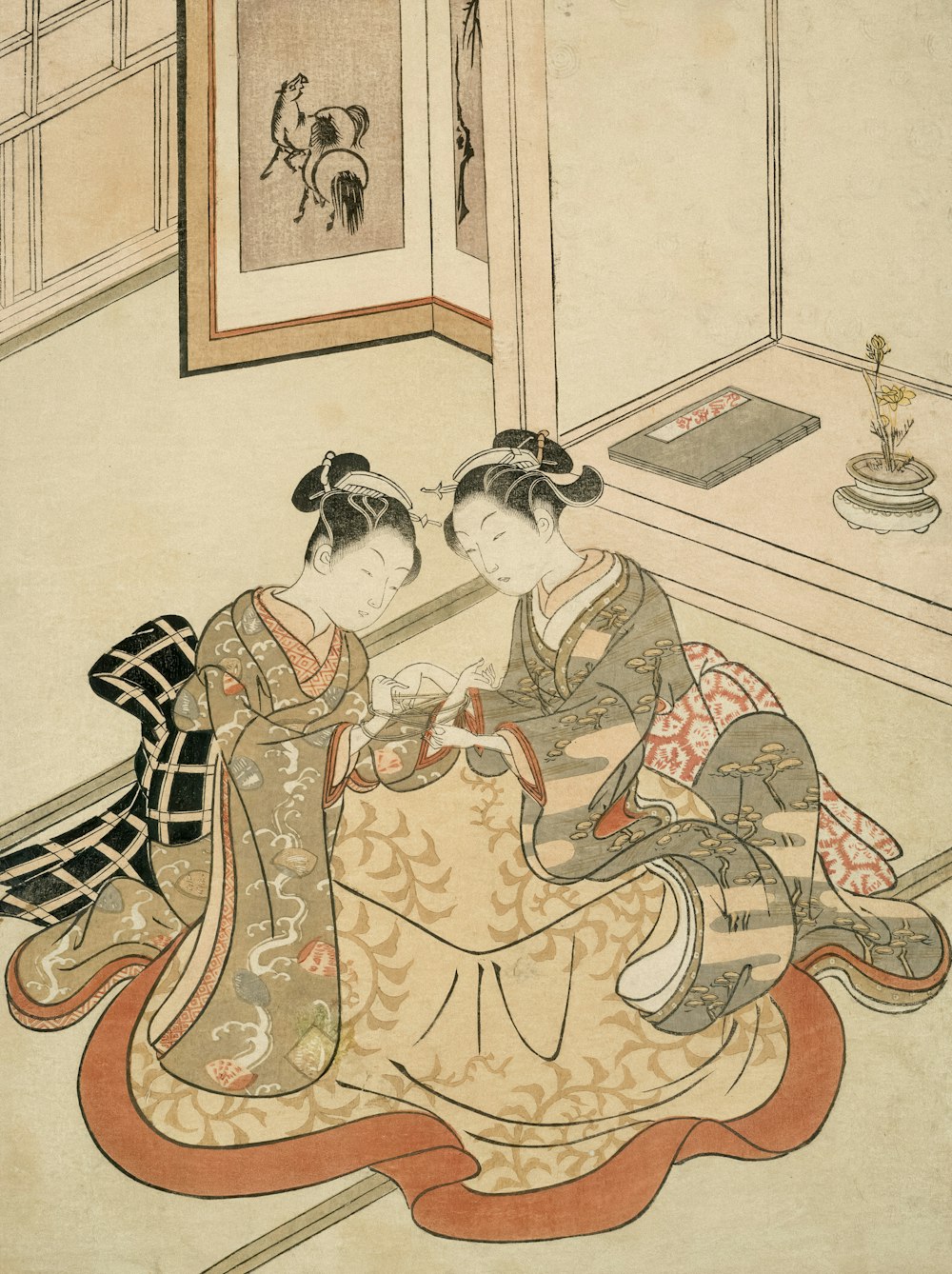 a painting of two women sitting on the floor