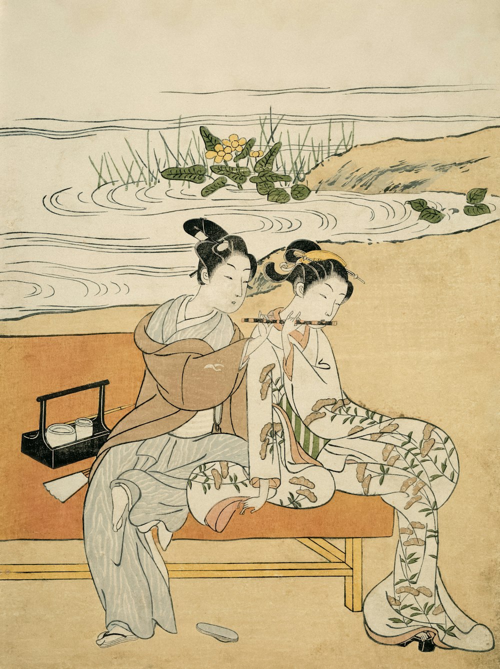 a painting of two women sitting on a bench