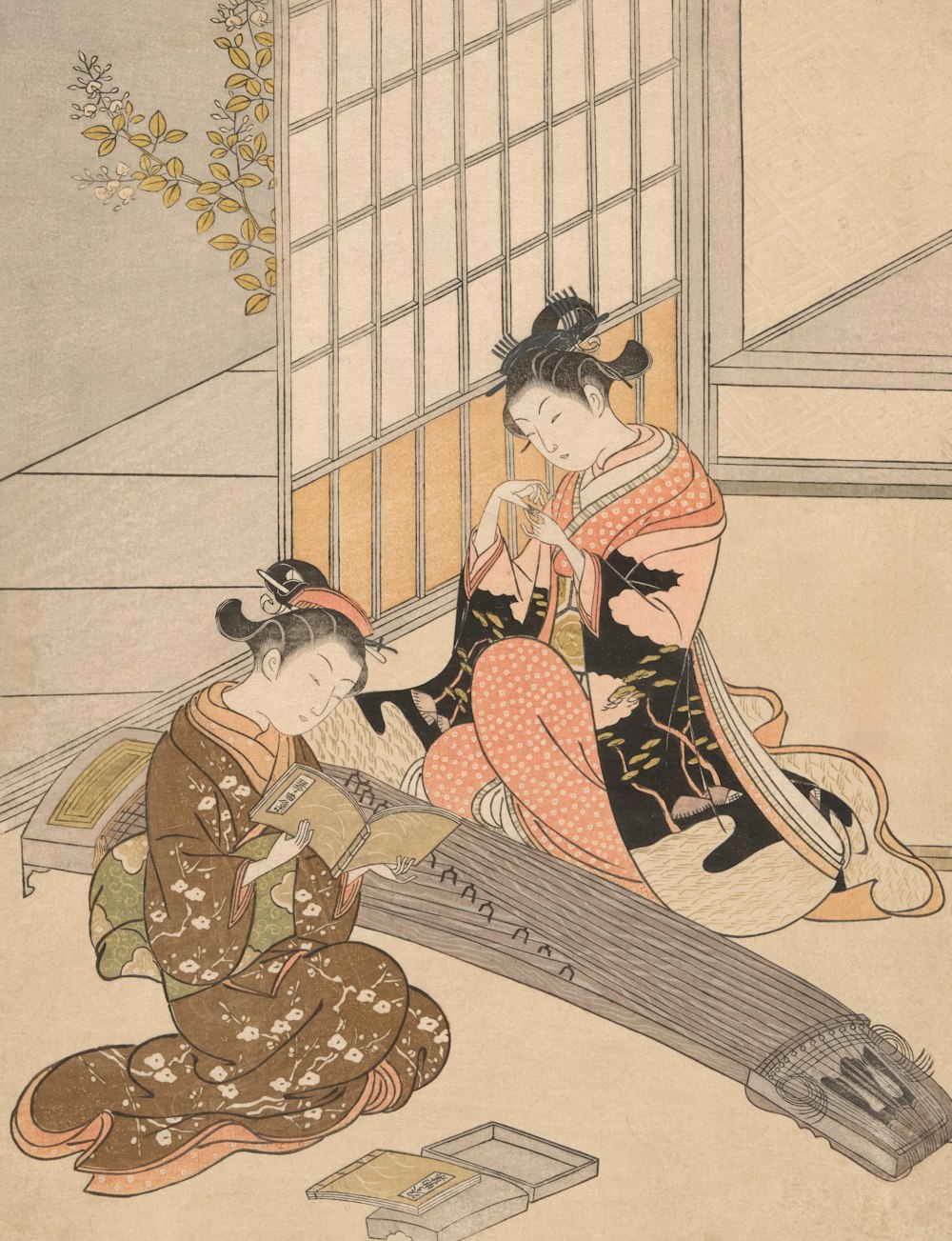 a painting of two women sitting on the ground