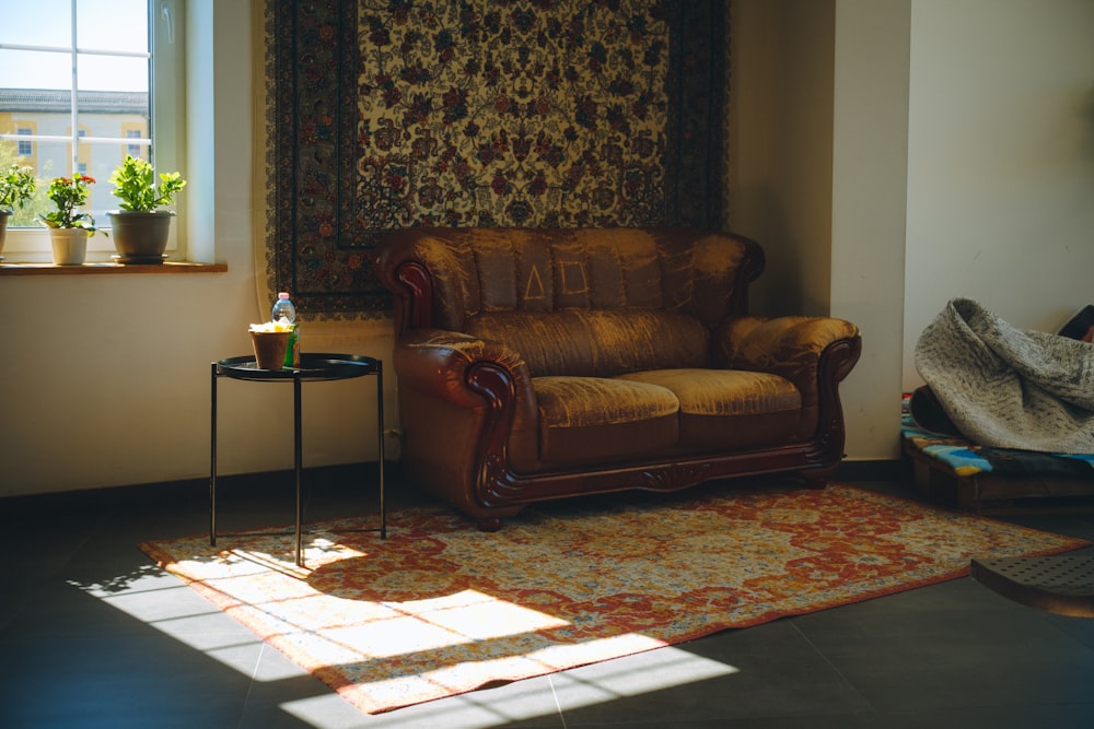 a living room with a couch and a rug