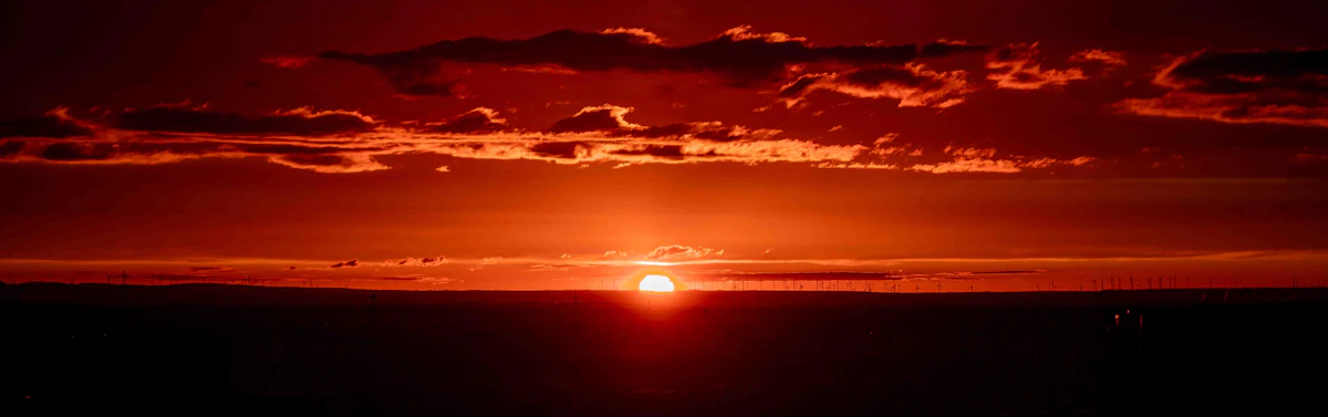 Solar panels with wind turbines at sunset