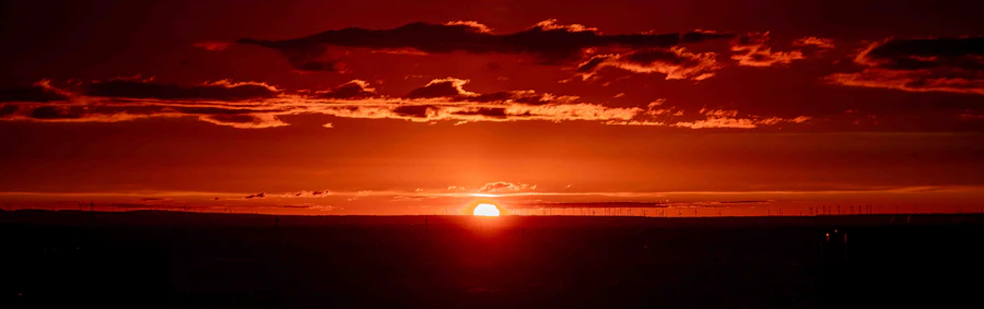 Solar and wind energy infrastructure at sunset
