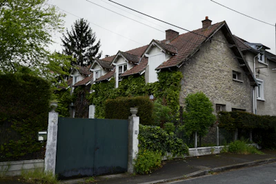 a house covered in ivy next to a road