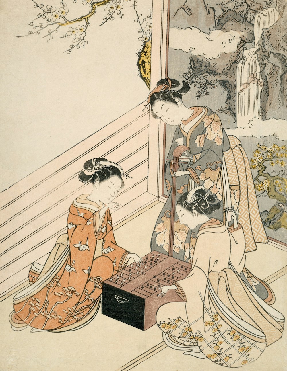 a woman in a kimono playing a game of checkers