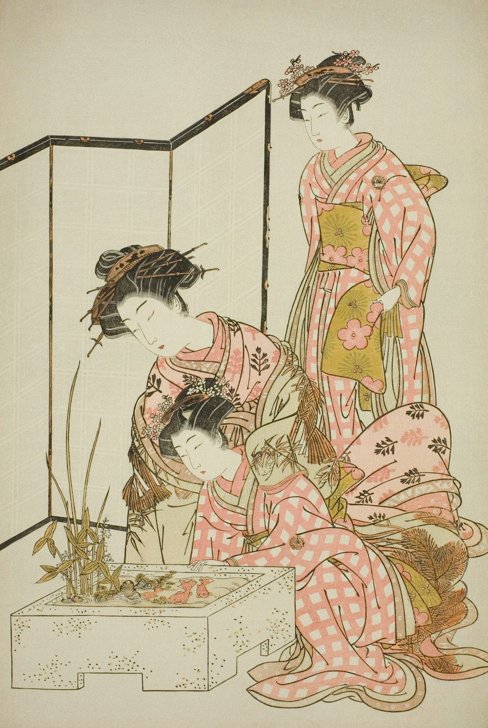 a painting of three women in kimonos