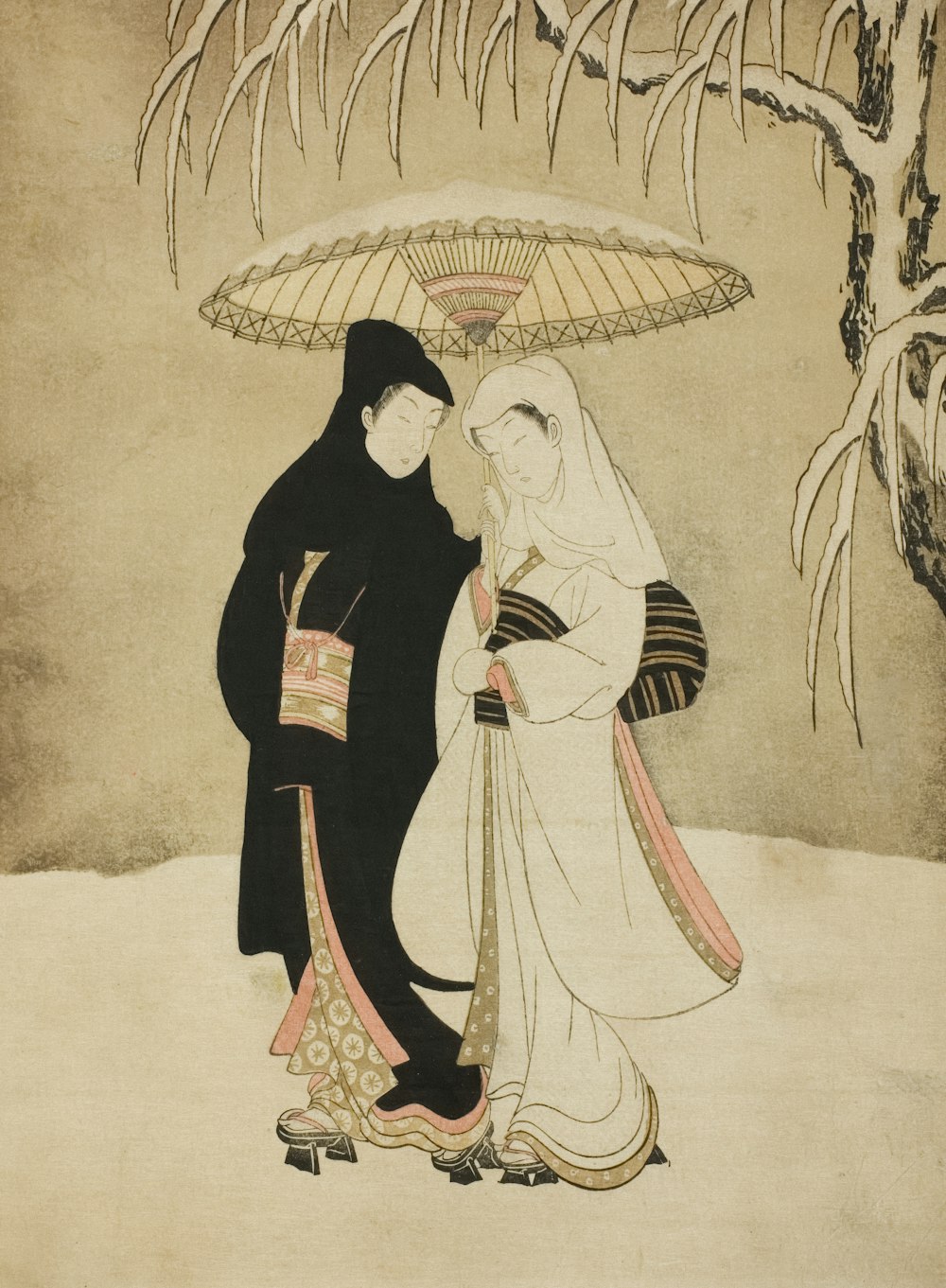 a painting of a man and woman under an umbrella