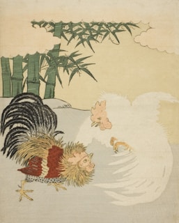 a painting of a rooster and a chicken in the snow
