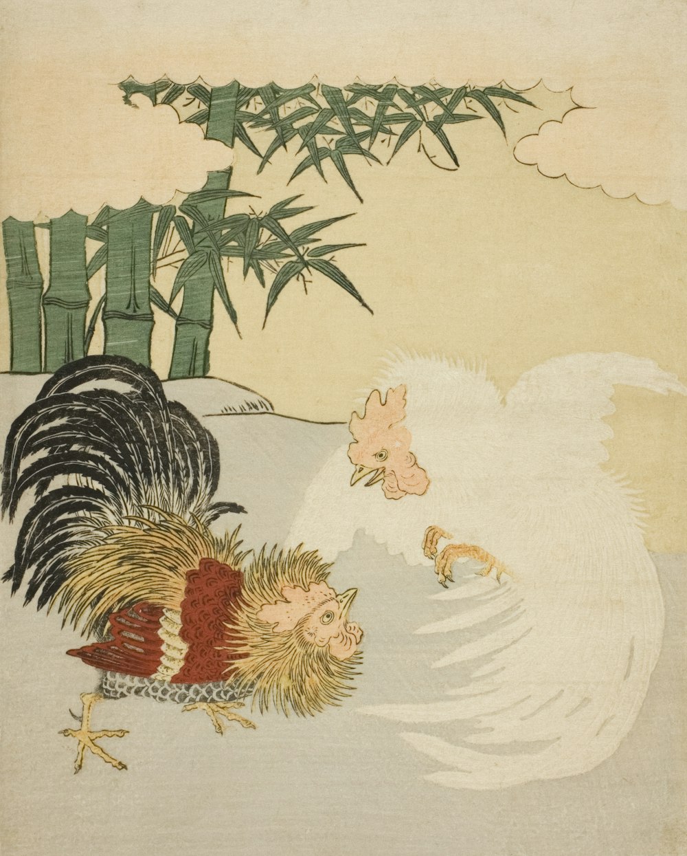 a painting of a rooster and a chicken in the snow