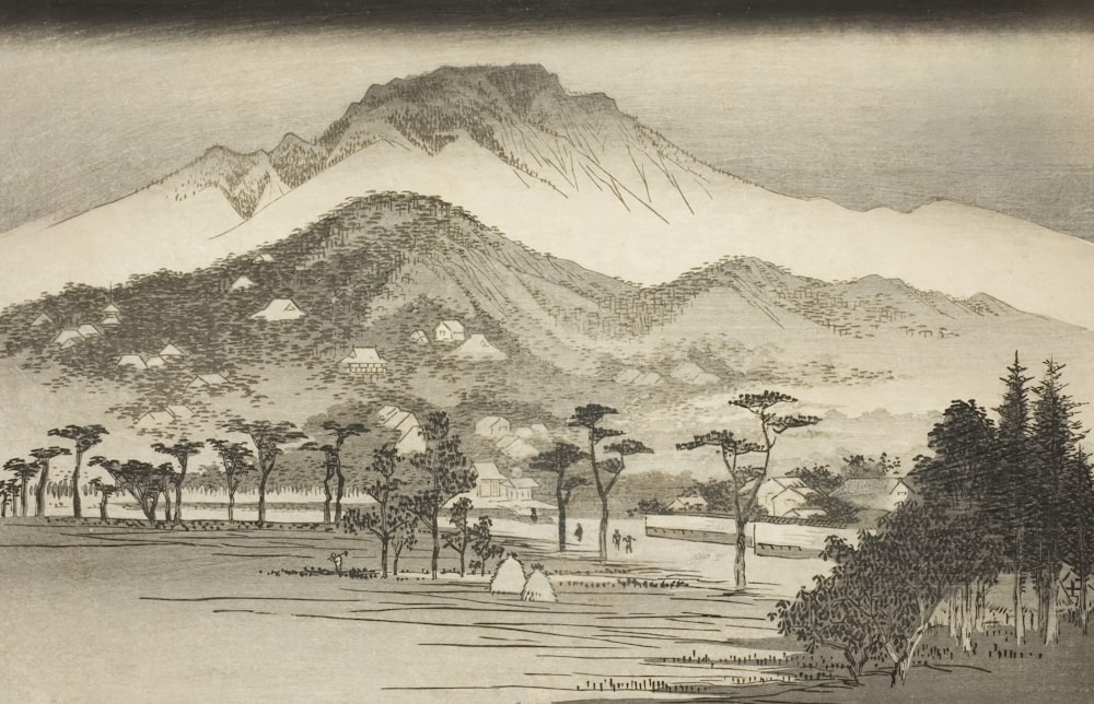 a drawing of a mountain with trees in the foreground