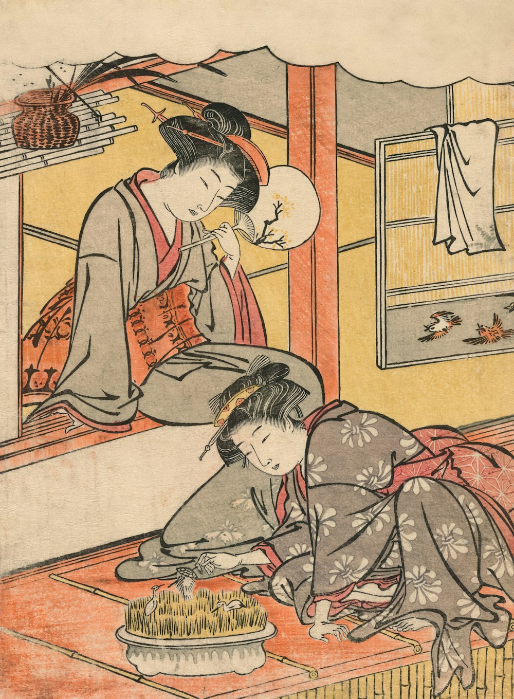 a painting of two women preparing food on a table
