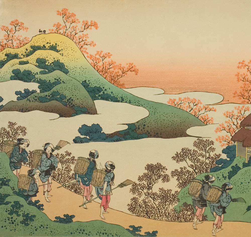 a painting of a group of people walking up a hill
