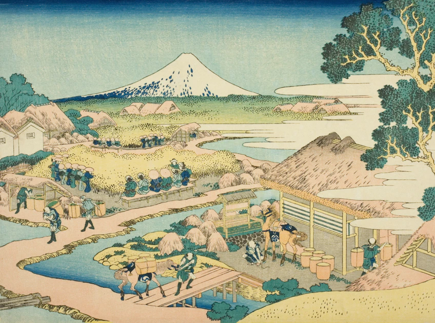 a painting of a landscape with people and animals