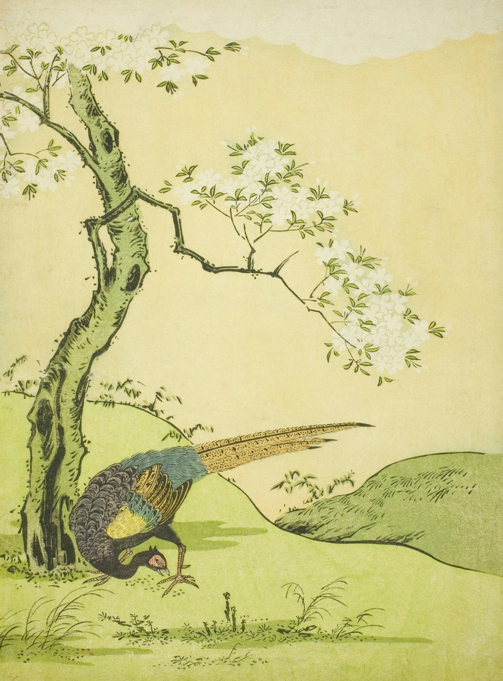 a painting of a bird standing next to a tree