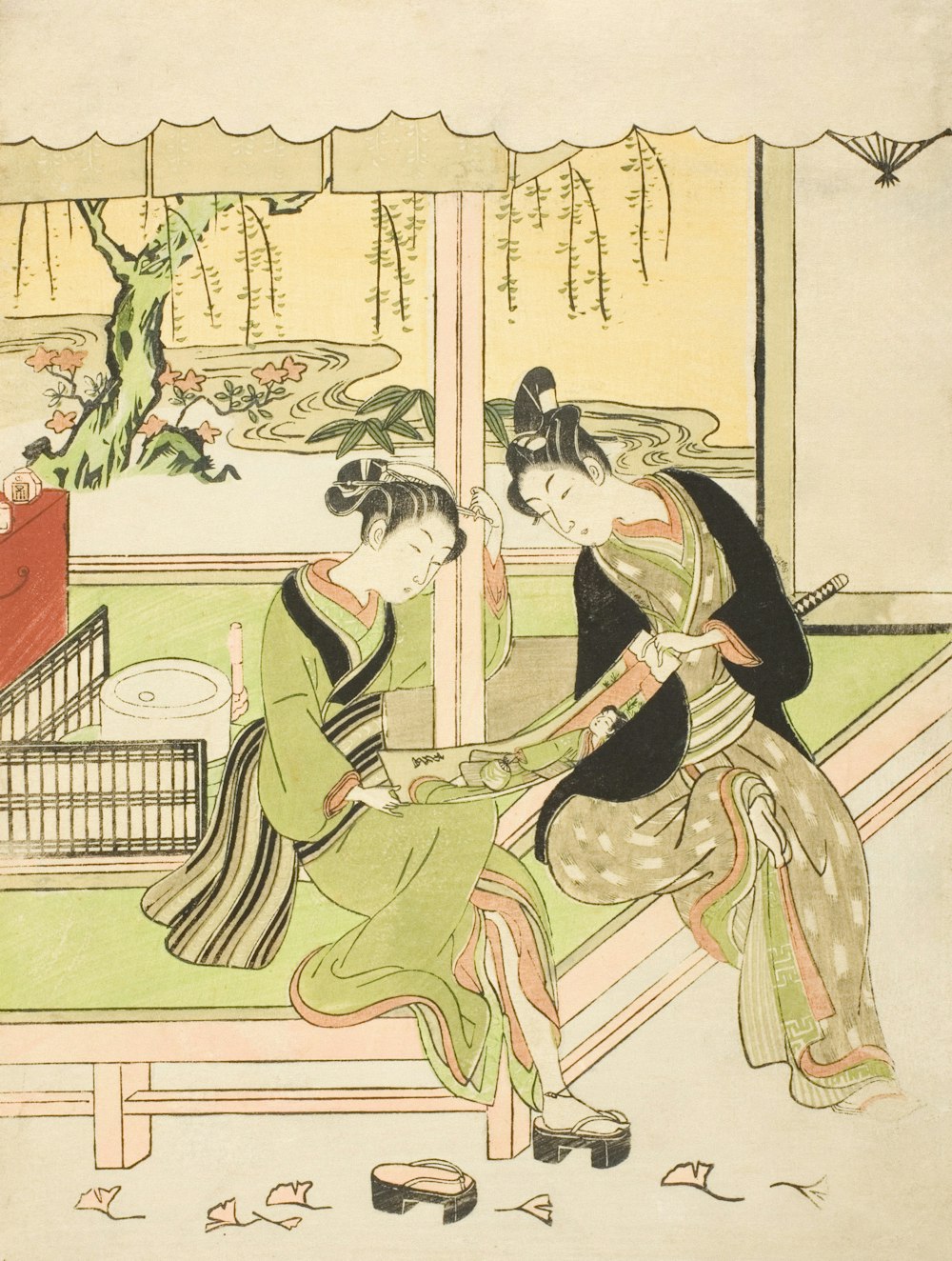 a painting of two women sitting on a bench