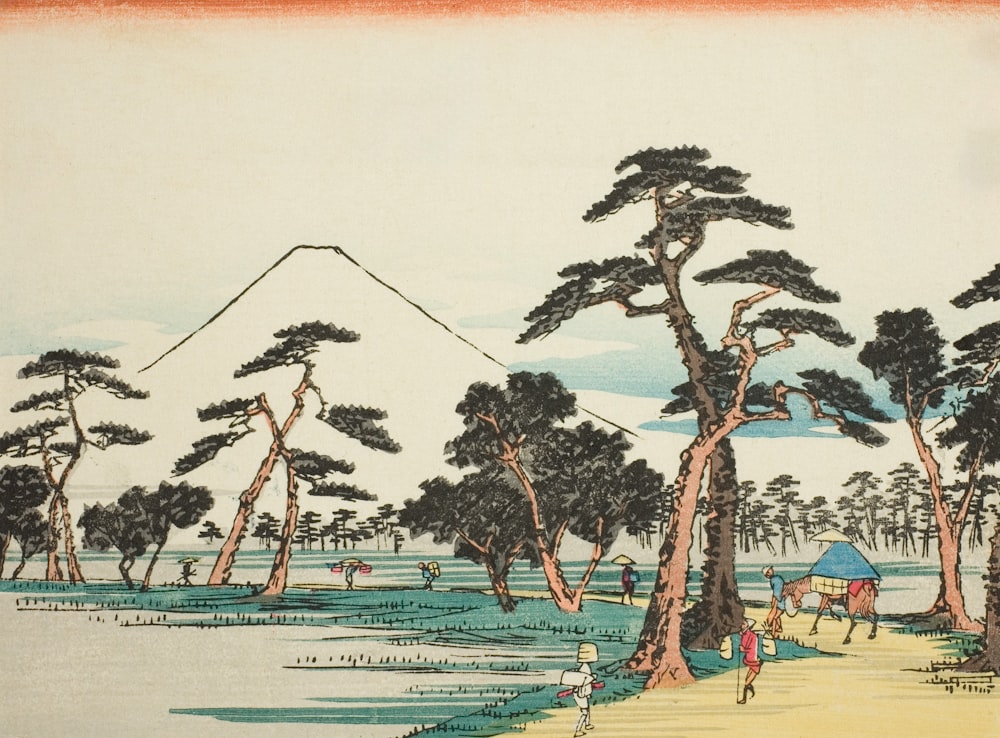 a painting of a landscape with trees and people